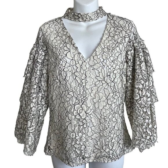Alexia Admor Ivory Black Lace Bell Tiered Sleeve‎ Top Size S Coquette Fairy - Picture 1 of 7